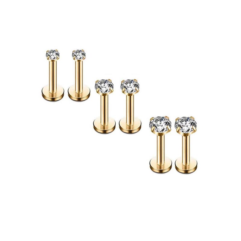 HQLA 16G Diamond CZ Lip Rings Labret Monroe Nose Tragus Helix Ear Piercing Jewelry Surgical Stainless Steel 2/3/4mm CZ 6mm Bar Length 3 Pairs Set (3 PairsYellow Gold - Bar:6mm; CZ:2-4mm)